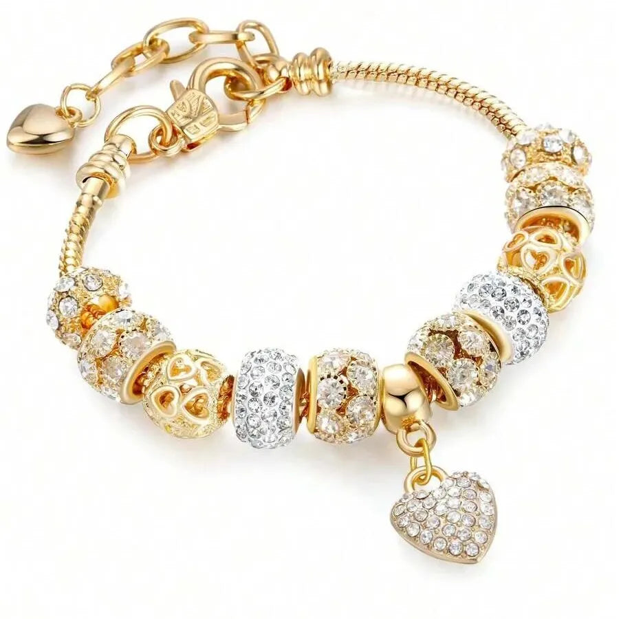 Heart & Flower Charm Bracelet with Crystal Beads