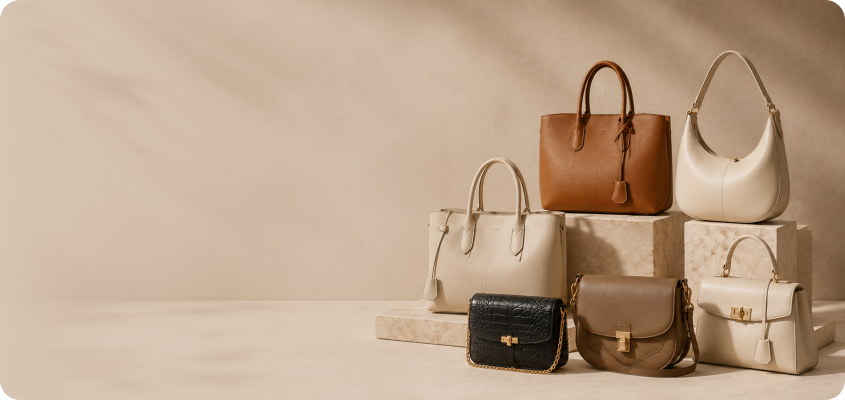 SUVETTE luxury leather handbags displayed on blocks.