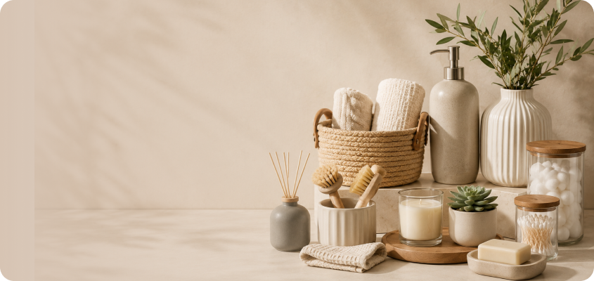 SUVETTE neutral spa and bathroom essentials display.