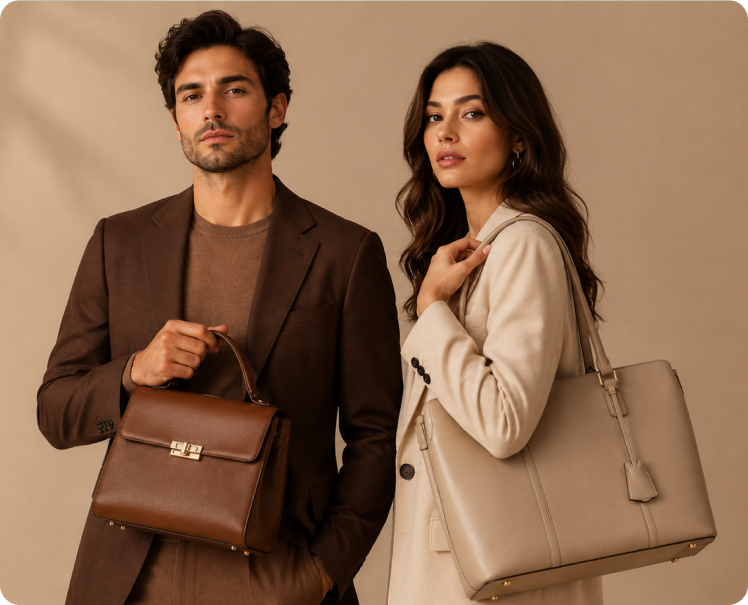 SUVETTE models showcasing leather handbags.