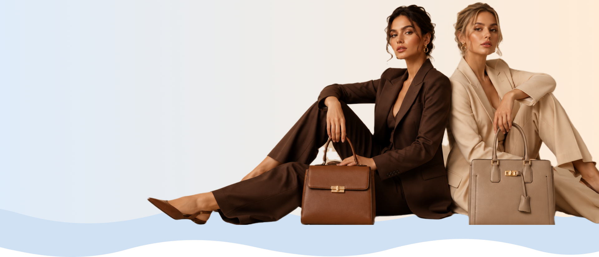 SUVETTE models posing with luxury handbags.