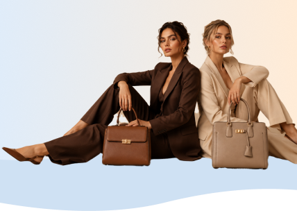 SUVETTE models posing with stylish leather handbags.