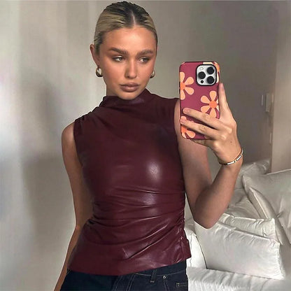 Women's Burgundy Ruched Leather Crop Top