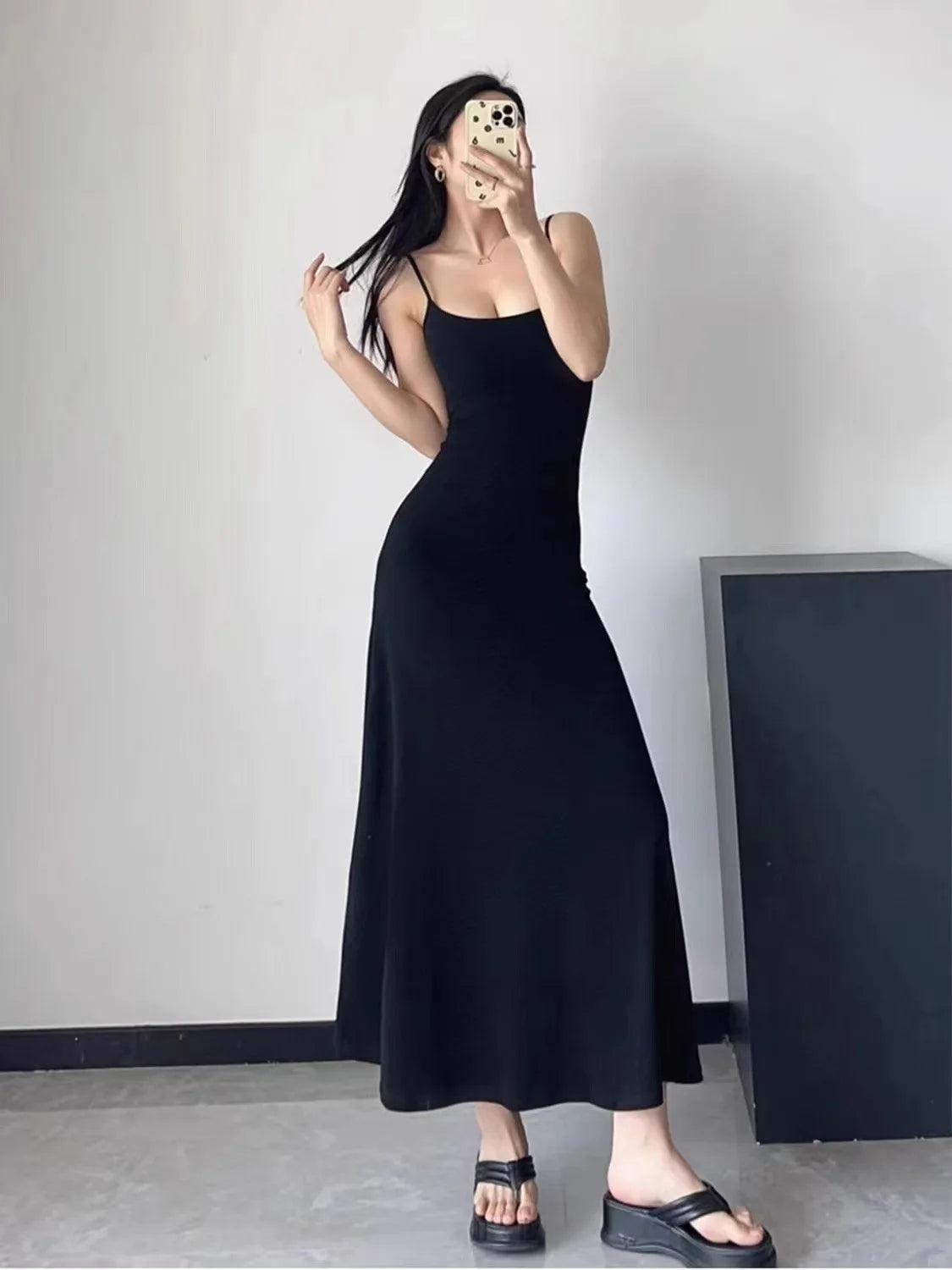 SUVETTE black spaghetti strap bodycon dress mirror selfie