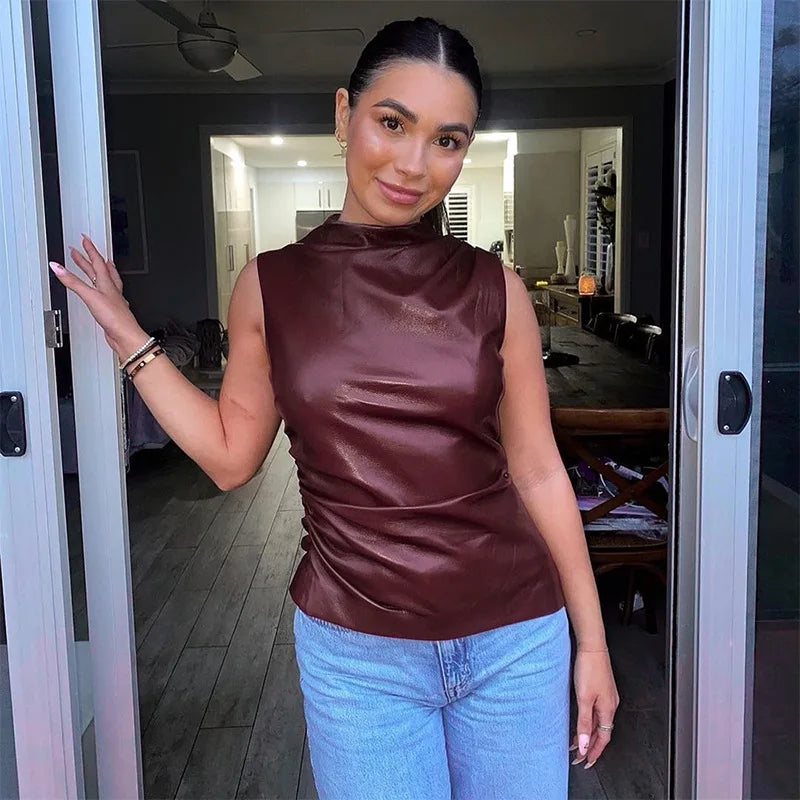 SUVETTE burgundy ruched leather sleeveless crop top