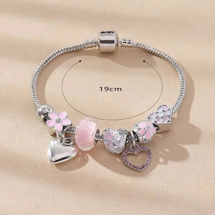 SUVETTE Pink Heart & Flower Charm Bracelet 19cm Size View