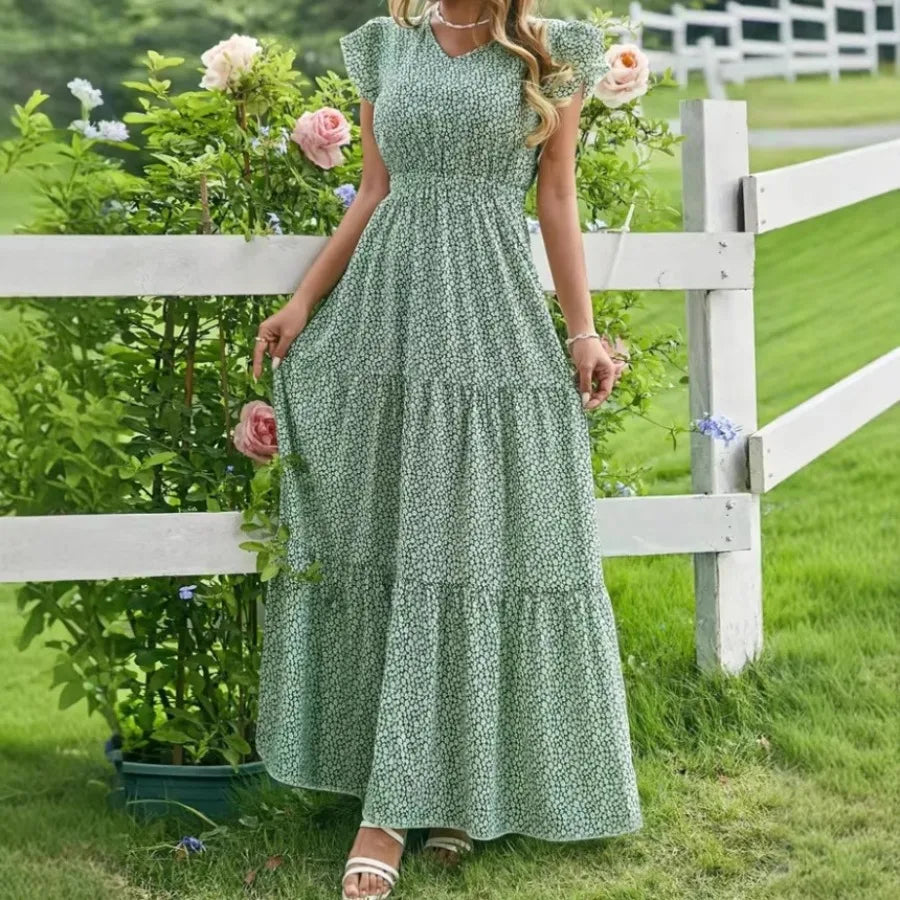 European and American - women's dress hot V-neck high-waist printed layered short-sleeved dress floral