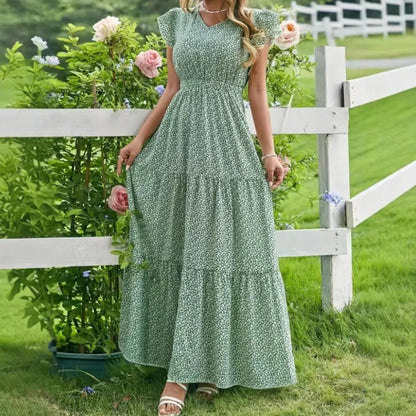 European and American - women's dress hot V-neck high-waist printed layered short-sleeved dress floral