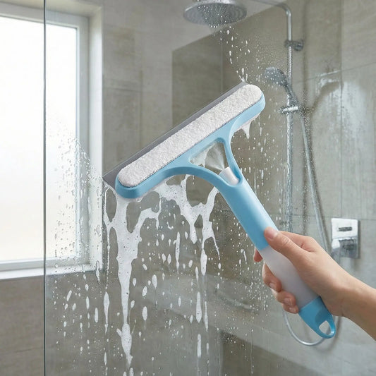 SUVETTE blue glass squeegee cleaning a shower door