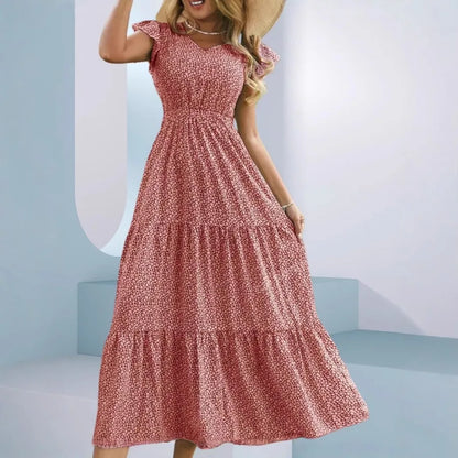 SUVETTE pink floral short-sleeve tiered maxi dress
