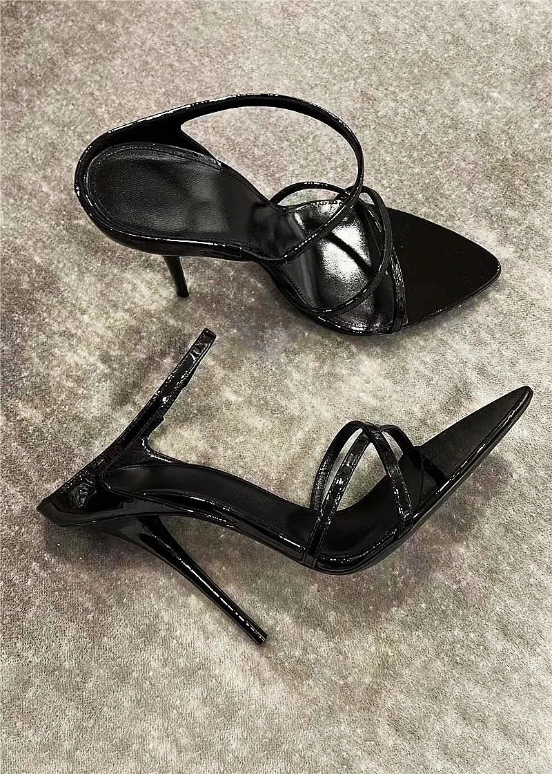 SUVETTE Black Patent Pointed Open Toe Stiletto Sandal Mules