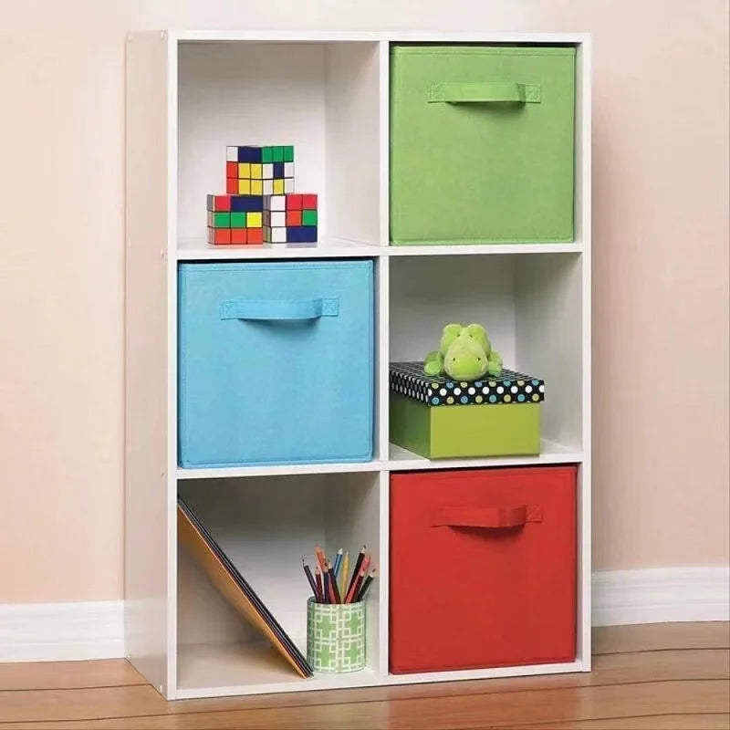 SUVETTE colorful cube storage bins on cabinet shelves