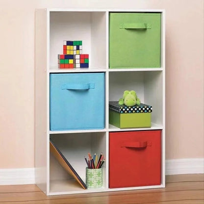 SUVETTE colorful cube storage bins on cabinet shelves