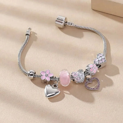 Heart & Flower Charm Bracelet with Crystal Beads