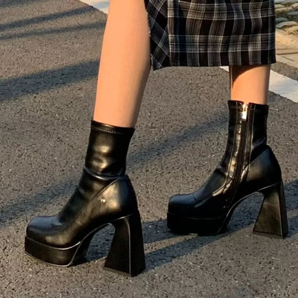 SUVETTE black square toe platform heel ankle boots