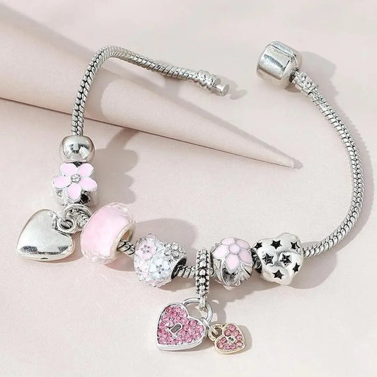 Heart & Flower Charm Bracelet with Crystal Beads