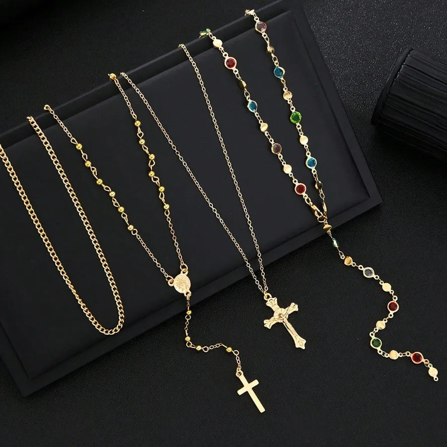 SUVETTE Gold Layered Cross & Gemstone Necklace Set