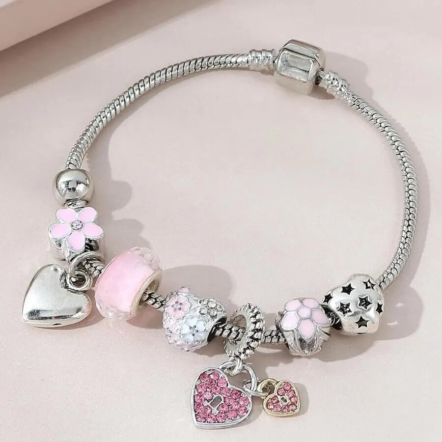SUVETTE Pink Heart & Flower Glass Charm Snake Bracelet