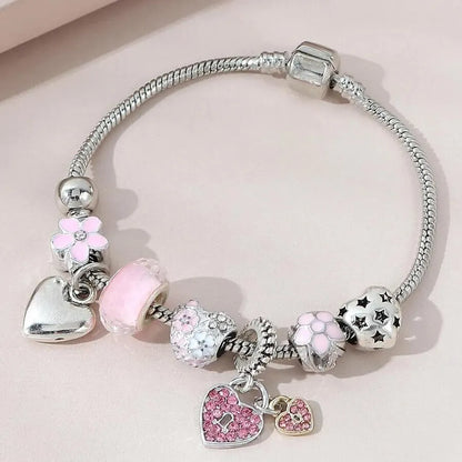 SUVETTE Pink Heart & Flower Glass Charm Snake Bracelet