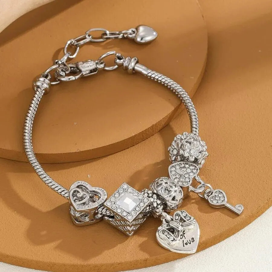 SUVETTE Silver Heart & Key Charm Adjustable Bead Bracelet