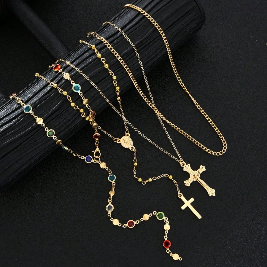 SUVETTE Gold Layered Cross & Gemstone Necklace Set