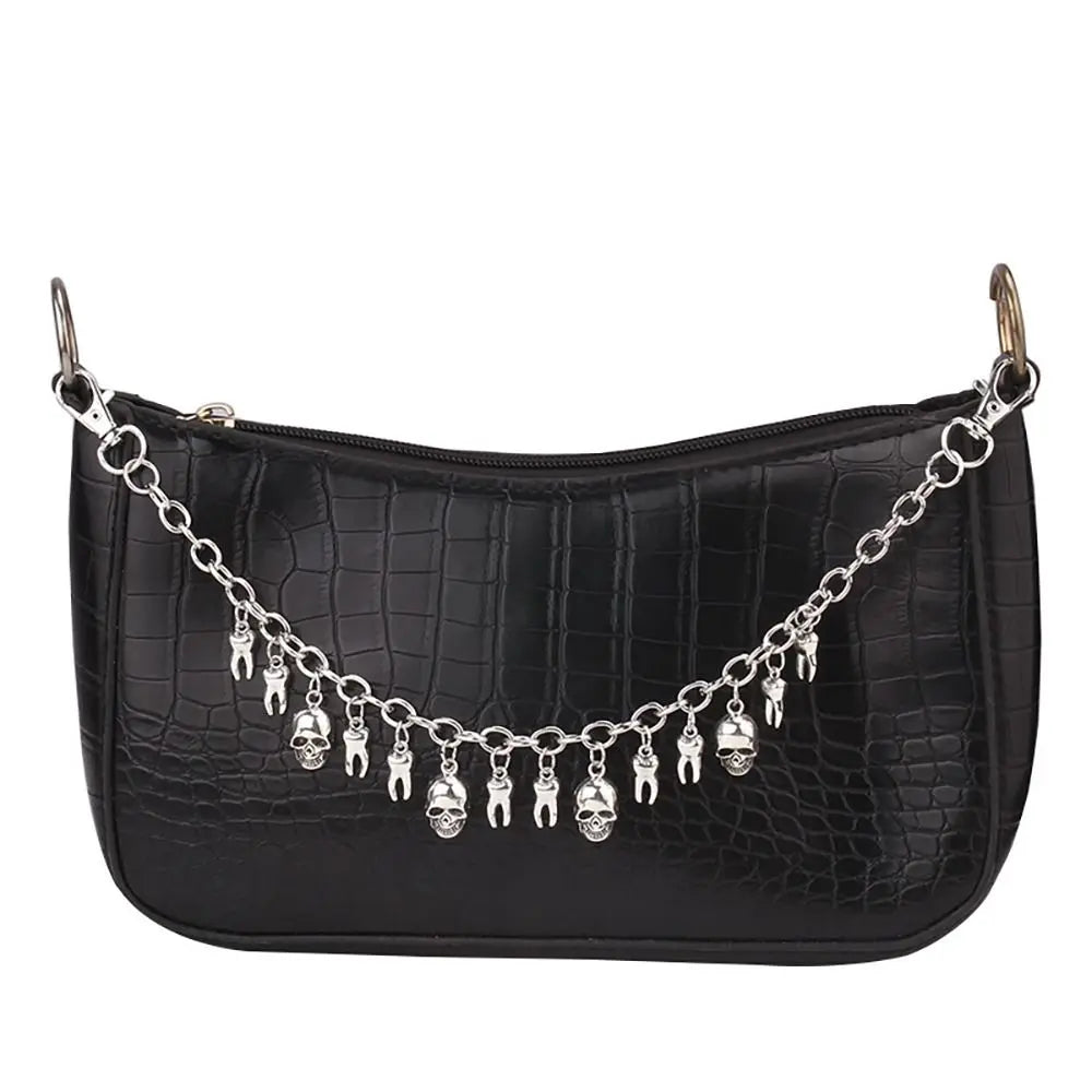SUVETTE silver skull chain on black handbag