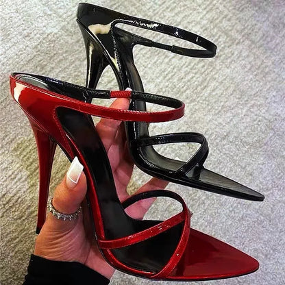 SUVETTE Black & Red Patent Pointed Stiletto Heel Sandals