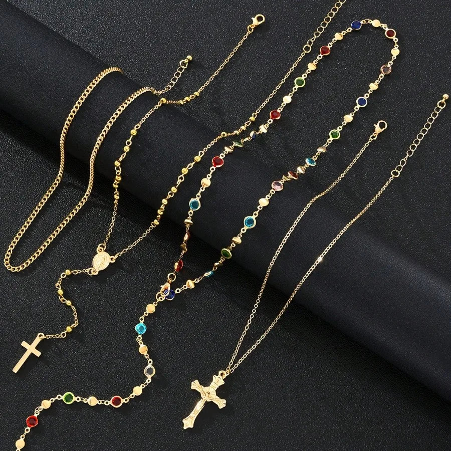 SUVETTE Gold Layered Cross & Gemstone Necklace Set