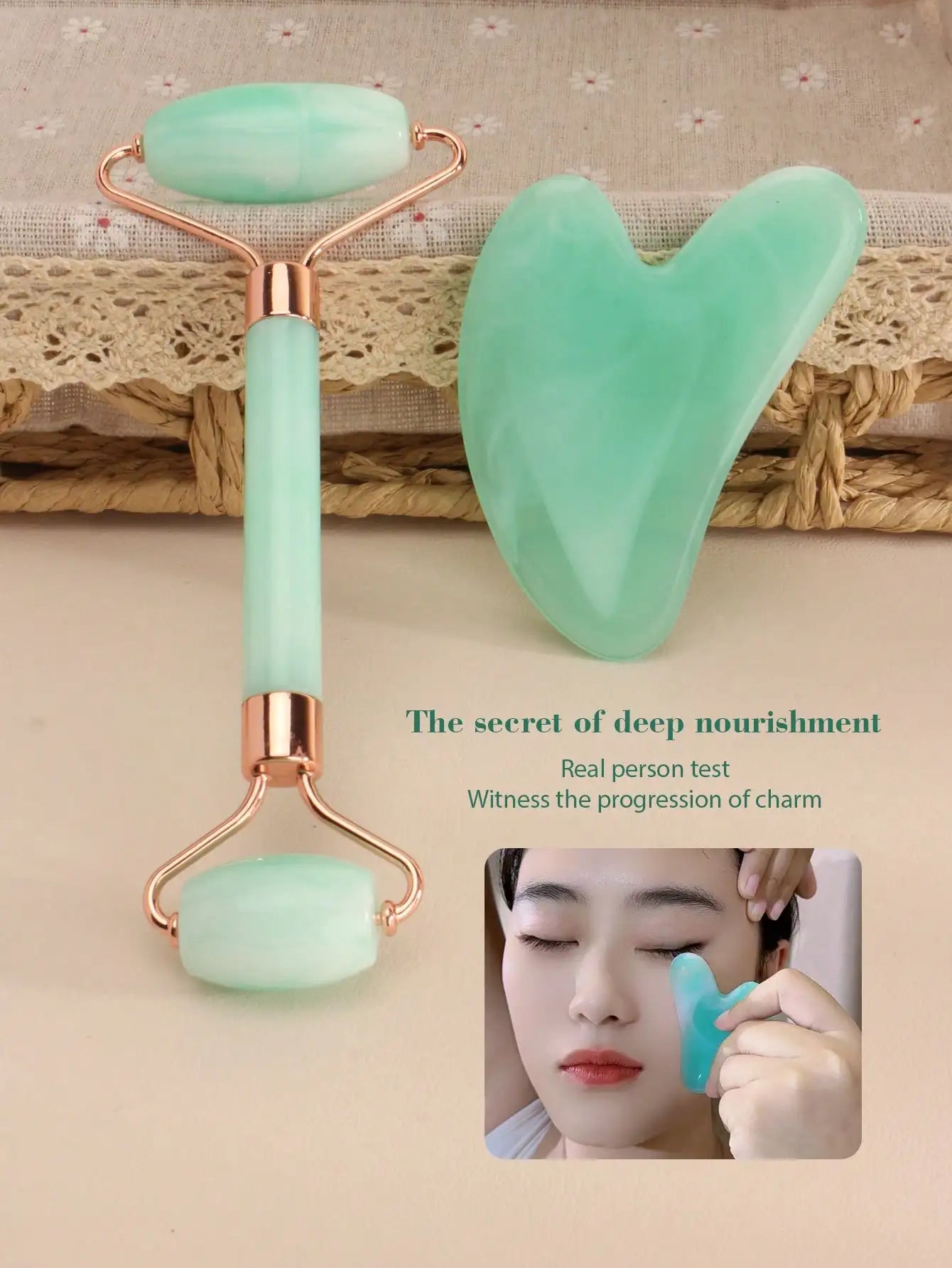 SUVETTE green facial roller and gua sha on display