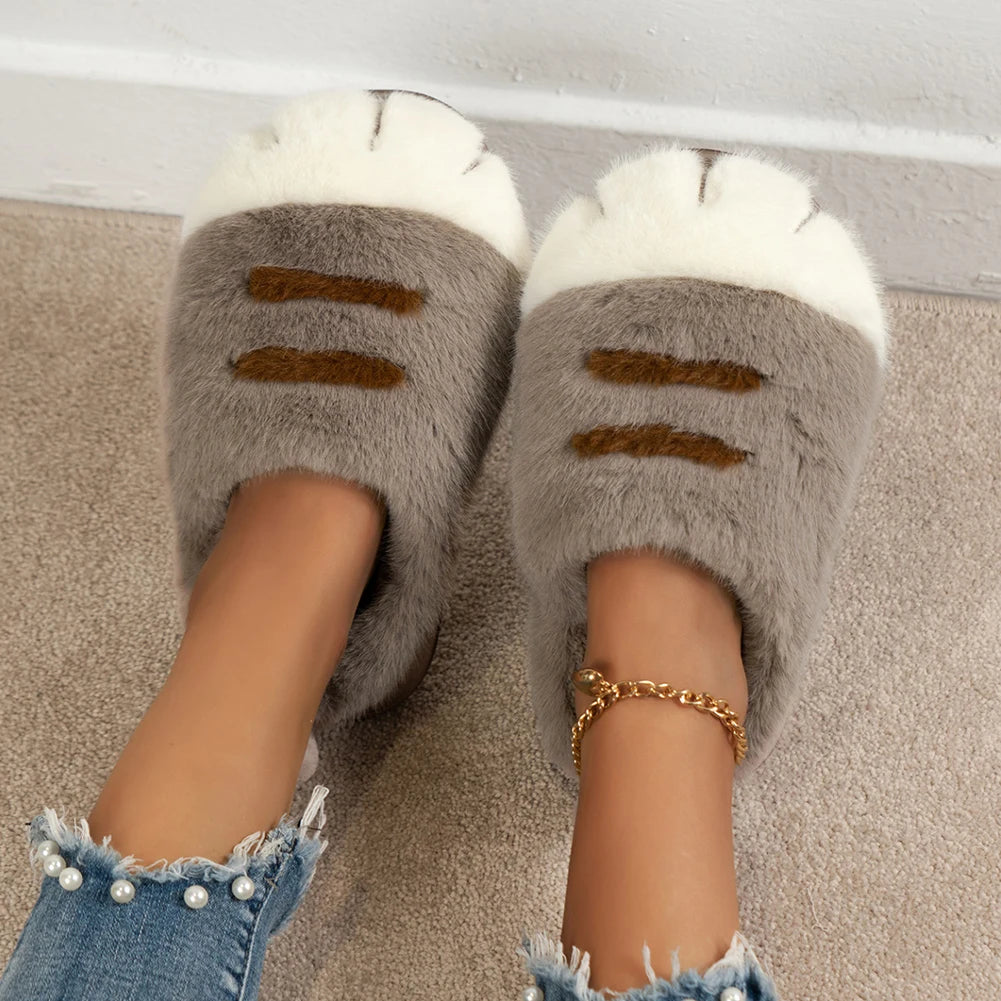 SUVETTE fluffy gray cat paw slippers worn on feet