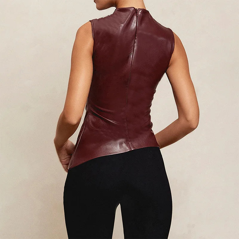 SUVETTE burgundy leather sleeveless crop top back view