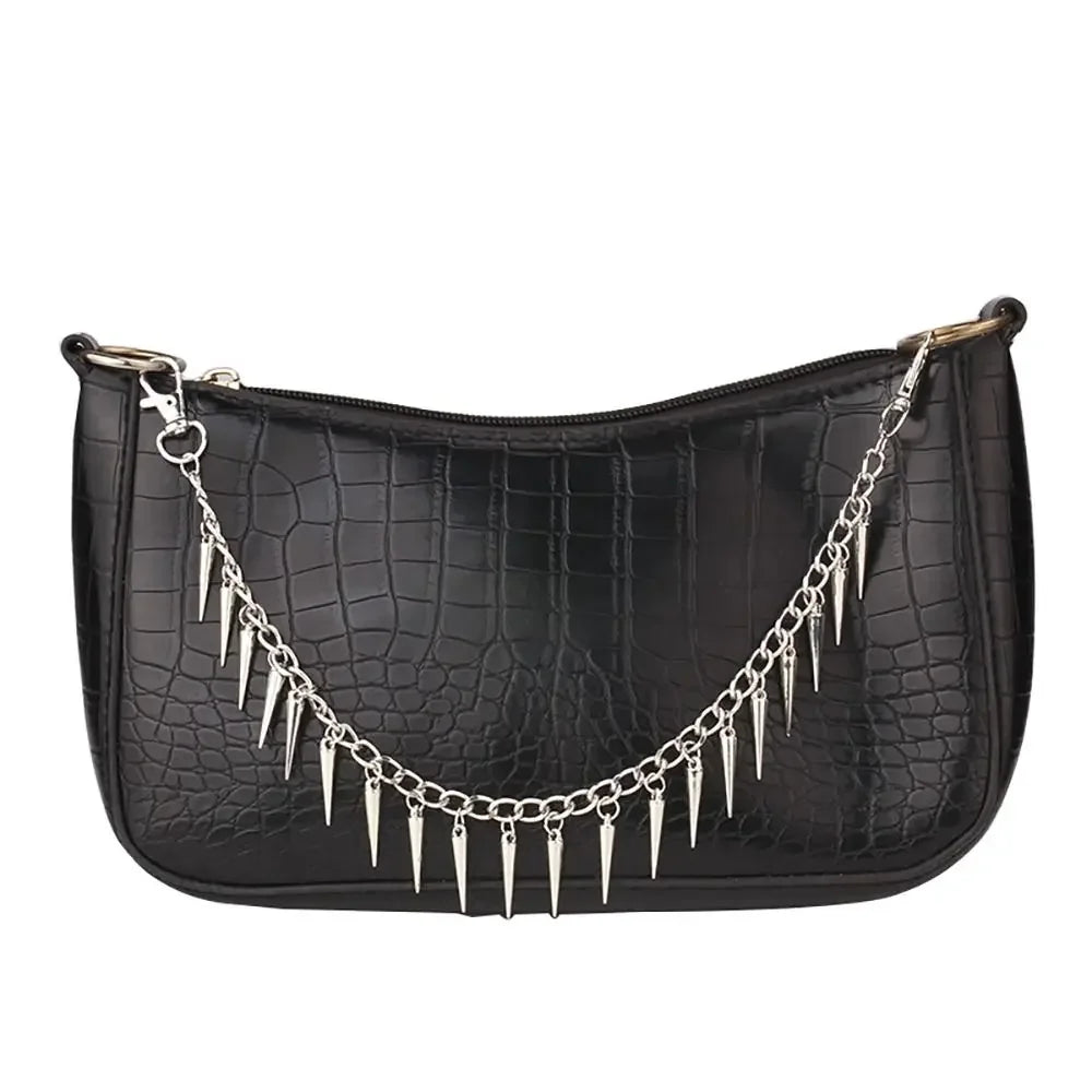 SUVETTE silver spiked chain on black handbag