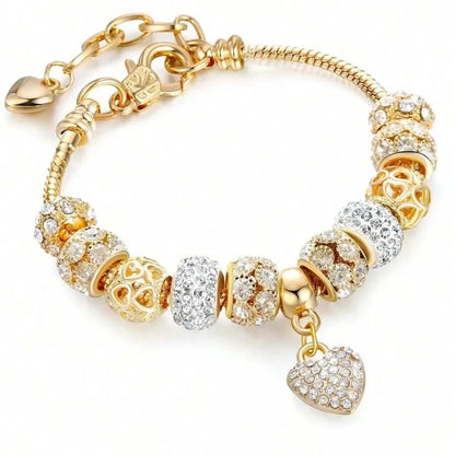 Heart & Flower Charm Bracelet with Crystal Beads