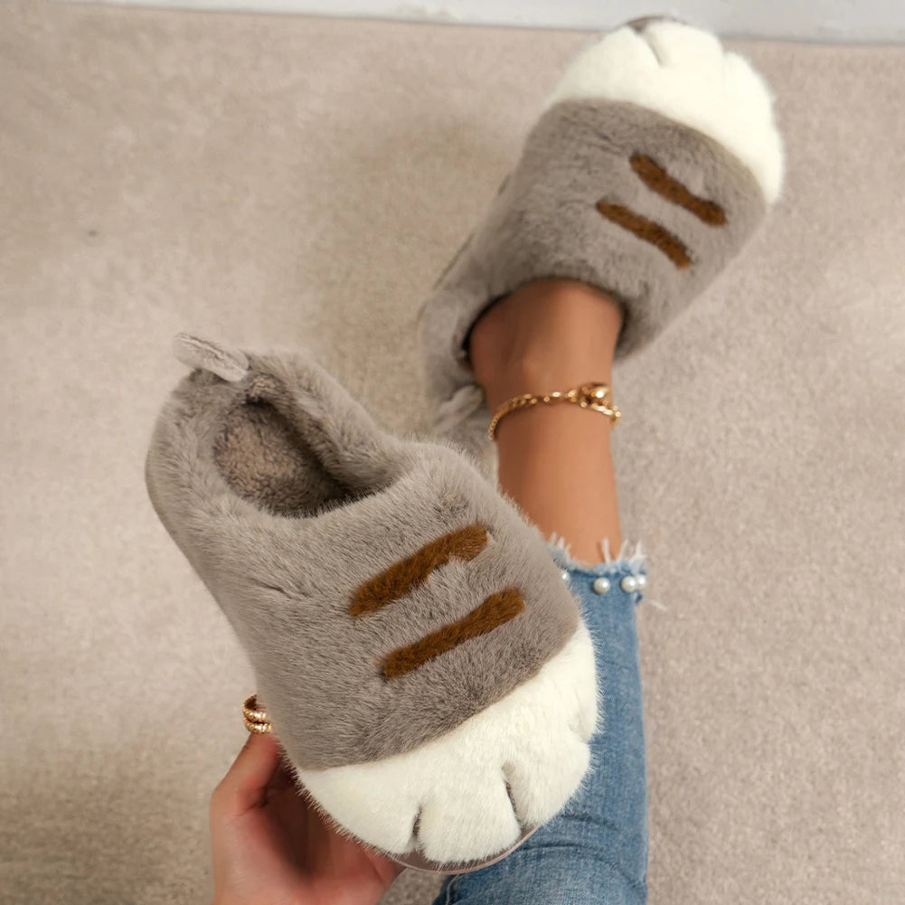 SUVETTE fluffy gray cat paw plush house slippers