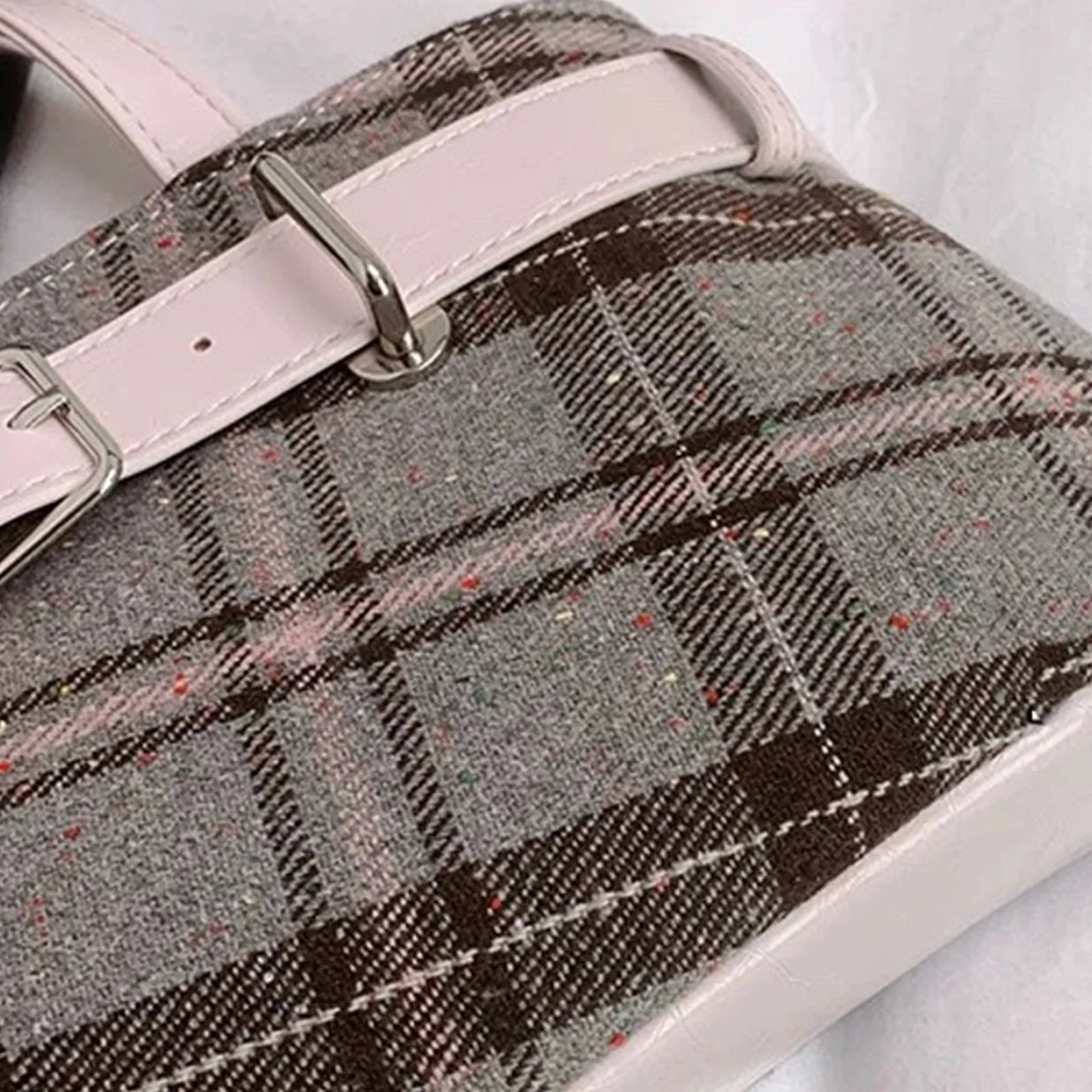SUVETTE Plaid Canvas Tote Bag Fabric & Buckle Close Up