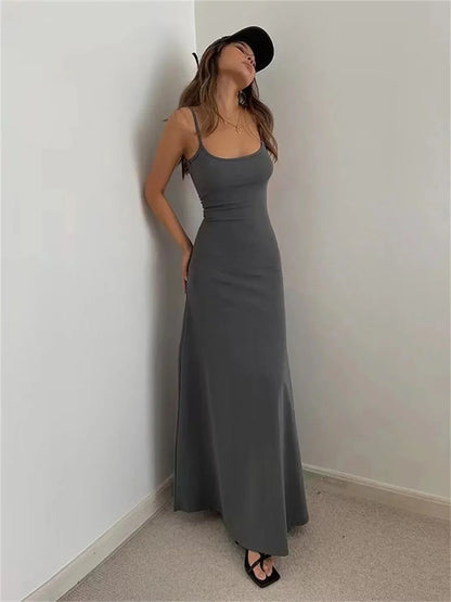 SUVETTE grey spaghetti strap dress with cap