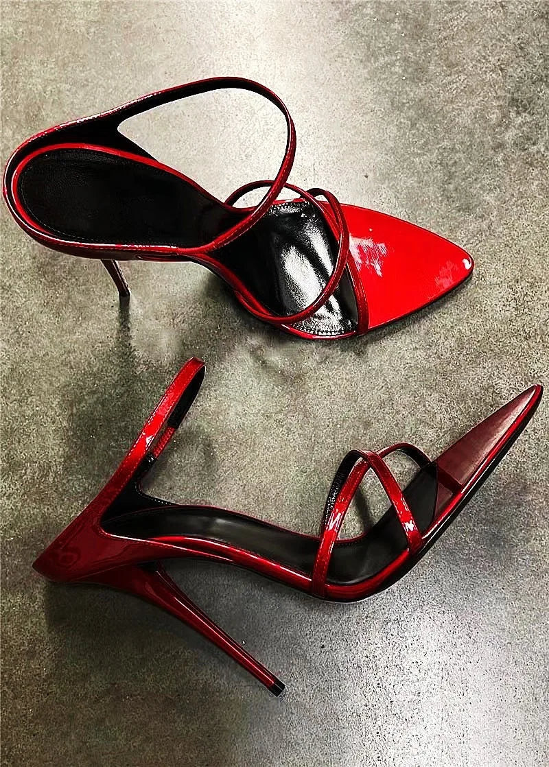 SUVETTE Red Patent Pointed Open Toe Stiletto Sandal Mules