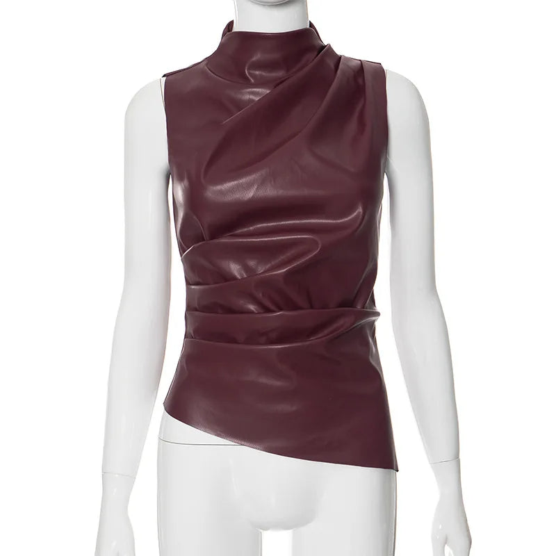 SUVETTE burgundy ruched leather top on a mannequin