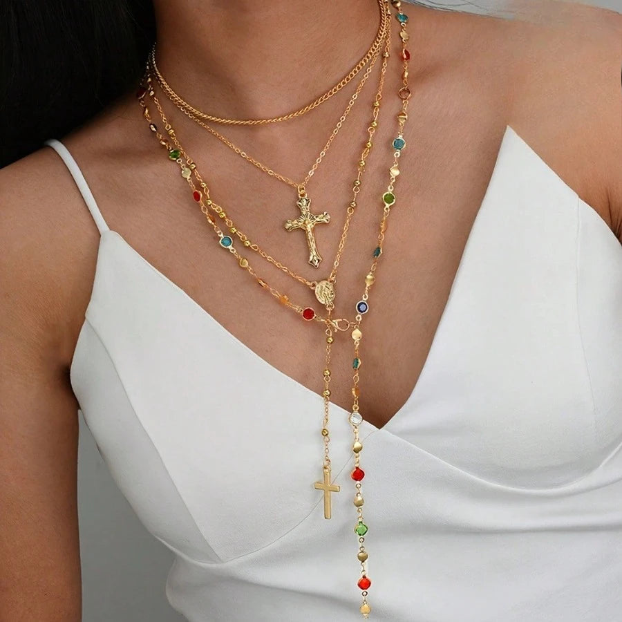 SUVETTE Gold Layered Cross & Gemstone Necklace On Model