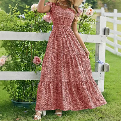 SUVETTE pink floral maxi dress by garden fence