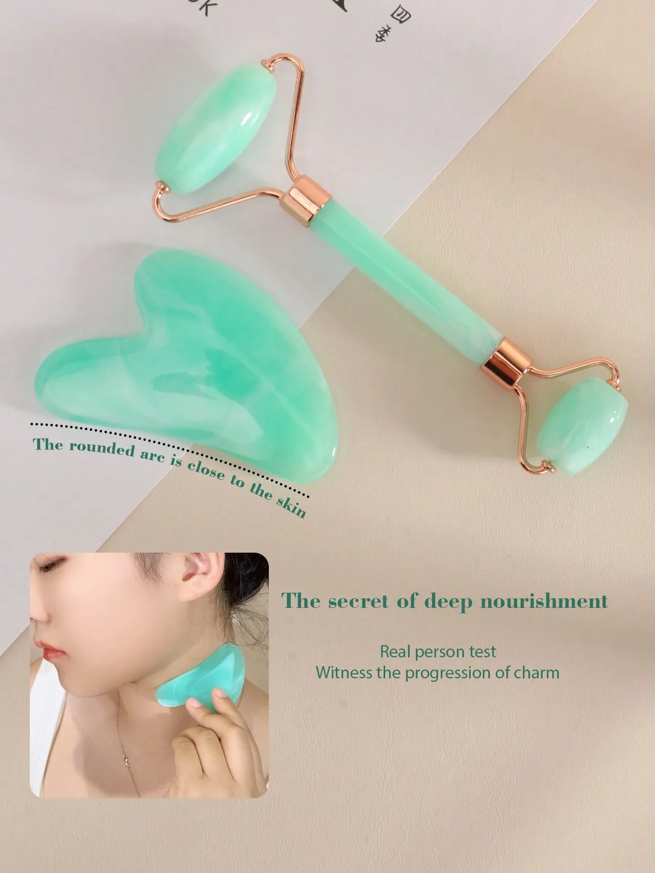 SUVETTE green gua sha tool demonstration on neck