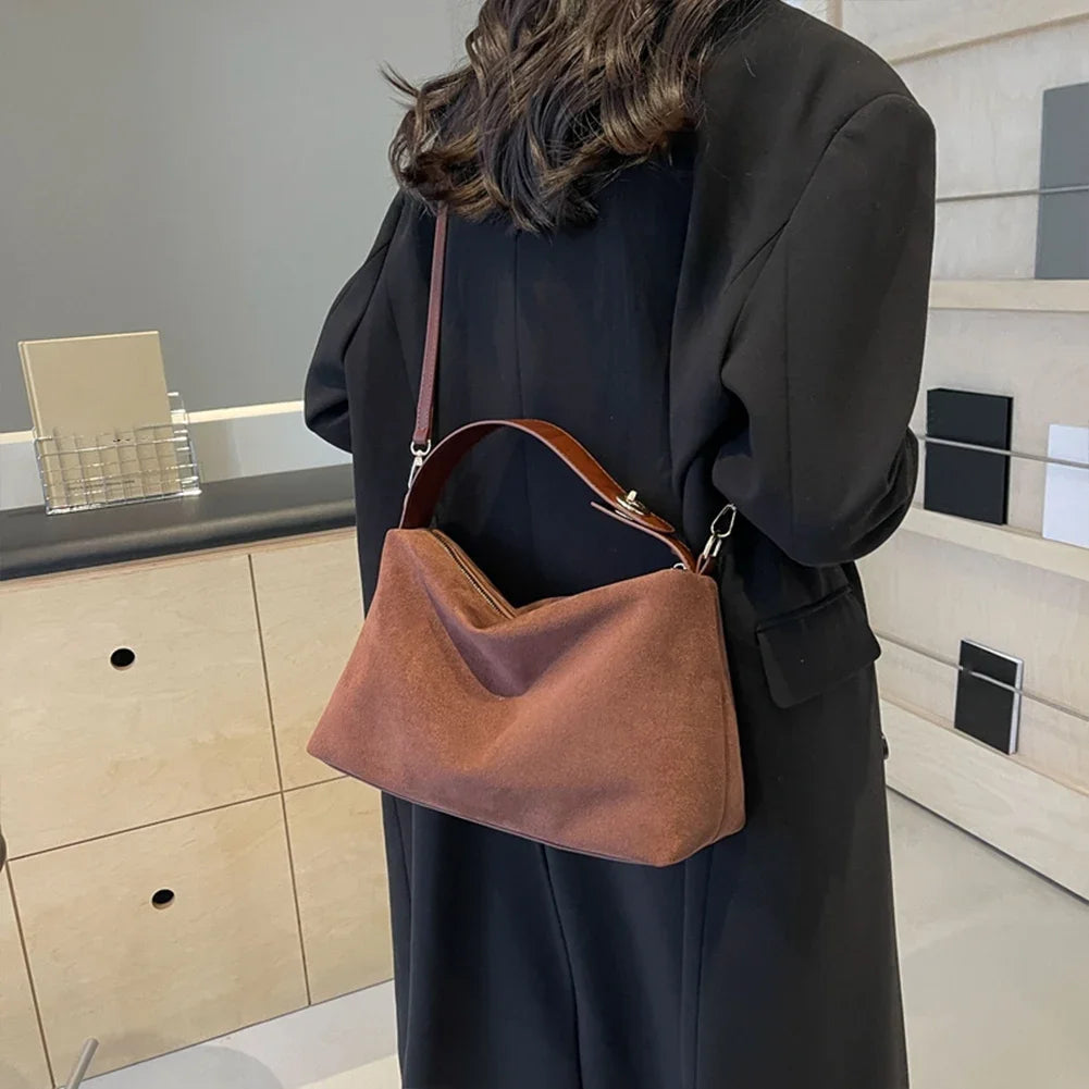 SUVETTE brown suede shoulder bag worn crossbody