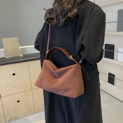 SUVETTE brown suede shoulder bag worn crossbody